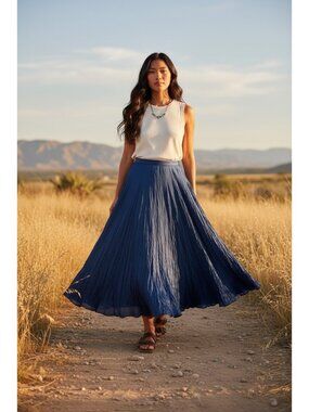 Vintage Diane Von Furstenberg Silk Crinkle Maxi Skirt Medium Blue Elastic Waist